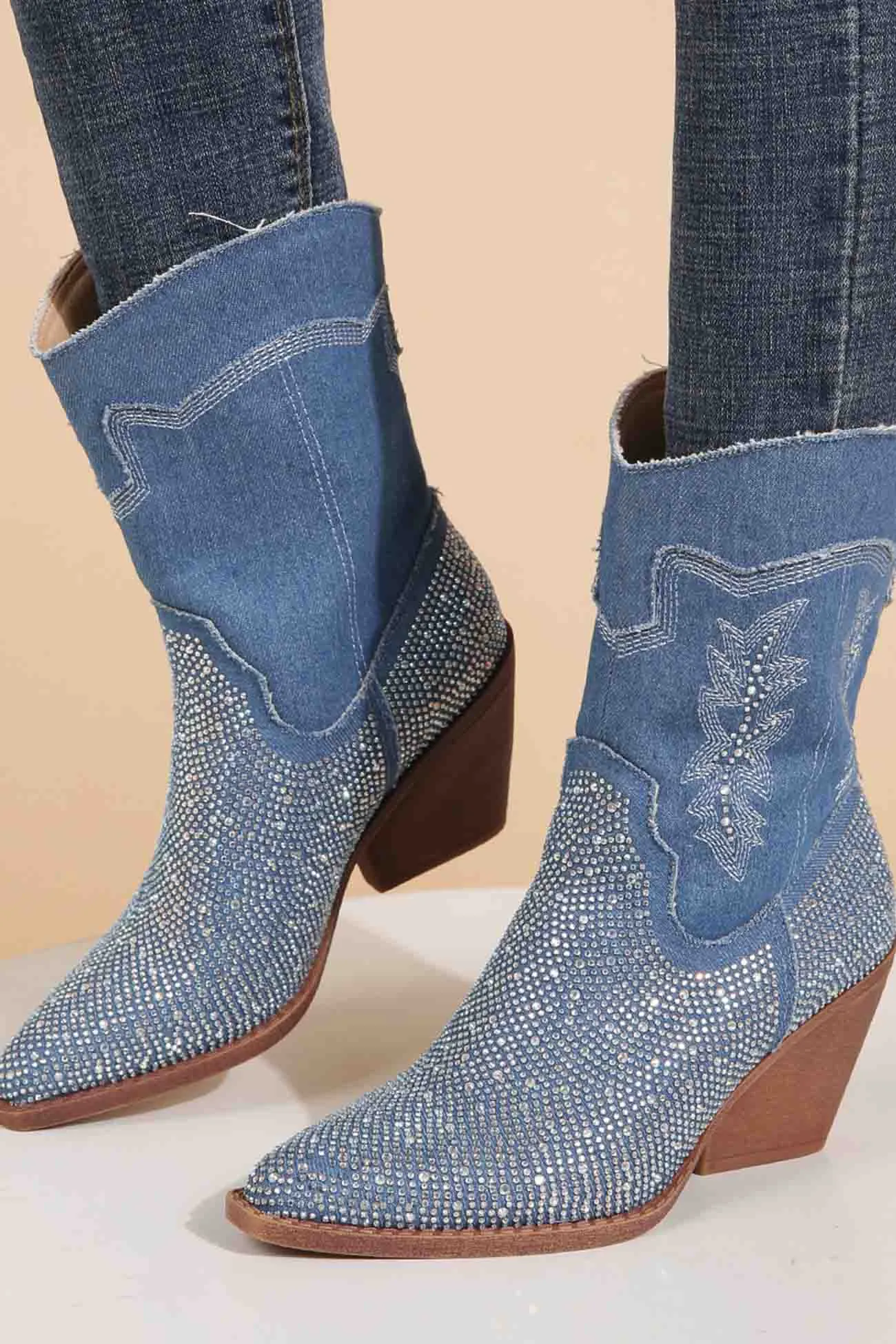 Amozae-Rhinestone Mid-Calf Pointed Toe Western Cowboy Boots