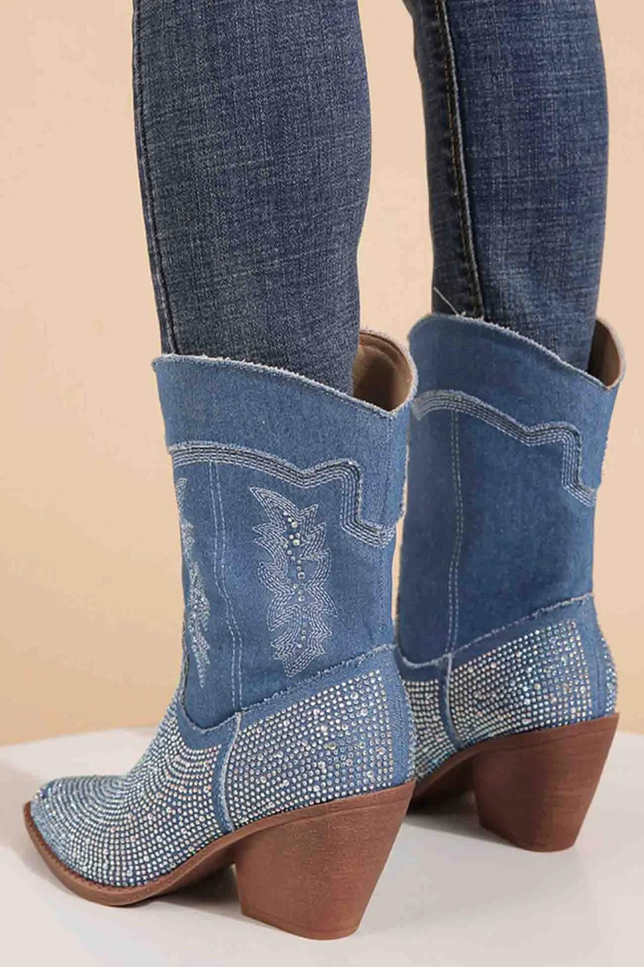 Amozae-Rhinestone Mid-Calf Pointed Toe Western Cowboy Boots