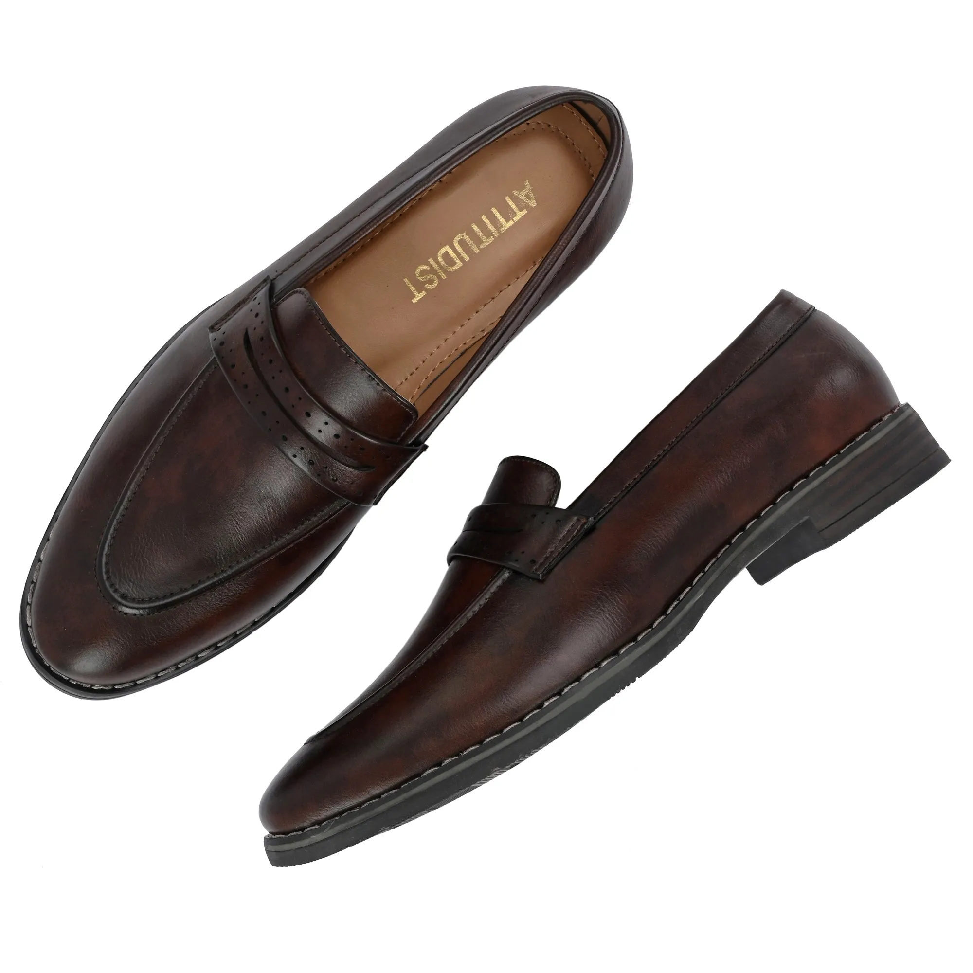 Attitudist Unisex Handcrafted Brown Plain Penny Slip On Round Toe Basket Loafer With Double Stitched Welts