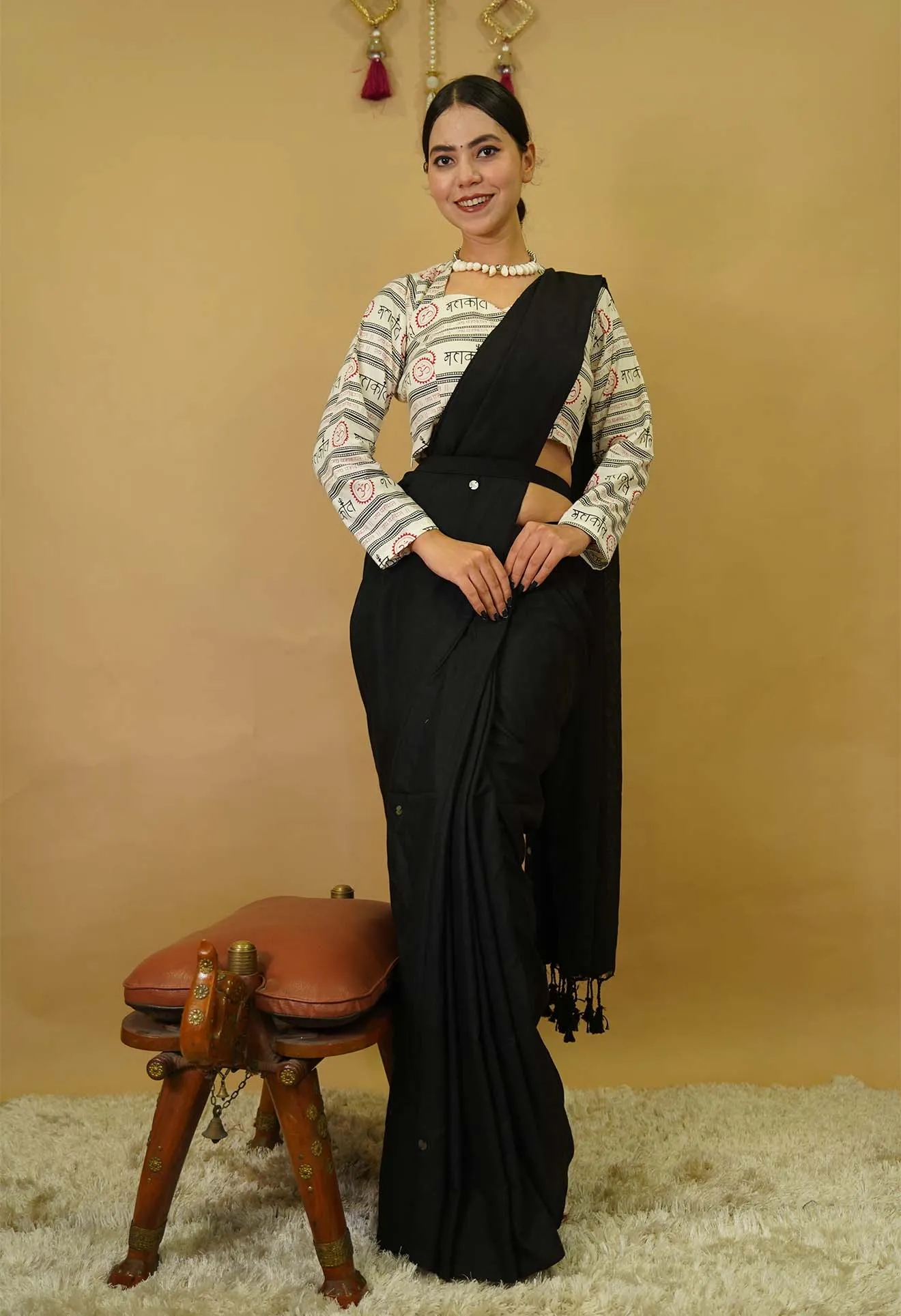 Beautiful Black Cotton With Tikki Embellished & Full Sleeve Mahakal Printed Blouse Pre stitched Saree & ready blouse