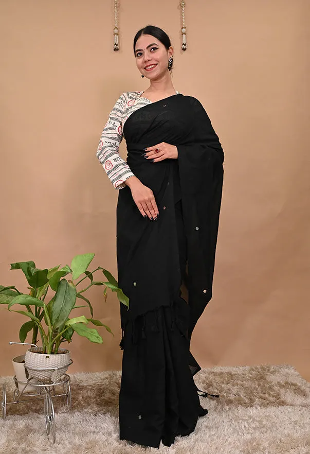 Beautiful Black Cotton With Tikki Embellished & Full Sleeve Mahakal Printed Blouse Pre stitched Saree & ready blouse