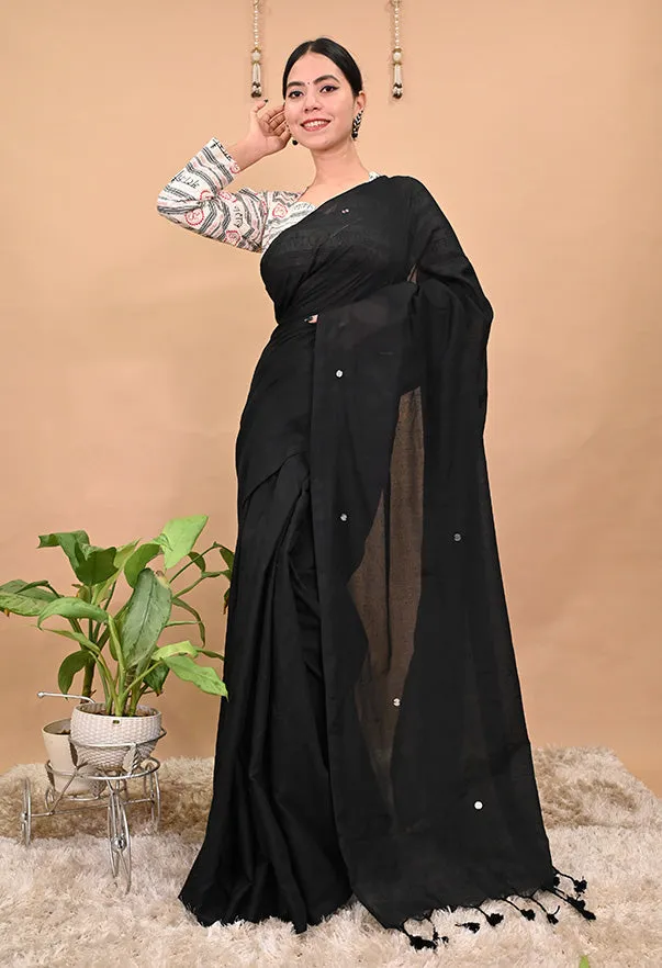 Beautiful Black Cotton With Tikki Embellished & Full Sleeve Mahakal Printed Blouse Pre stitched Saree & ready blouse