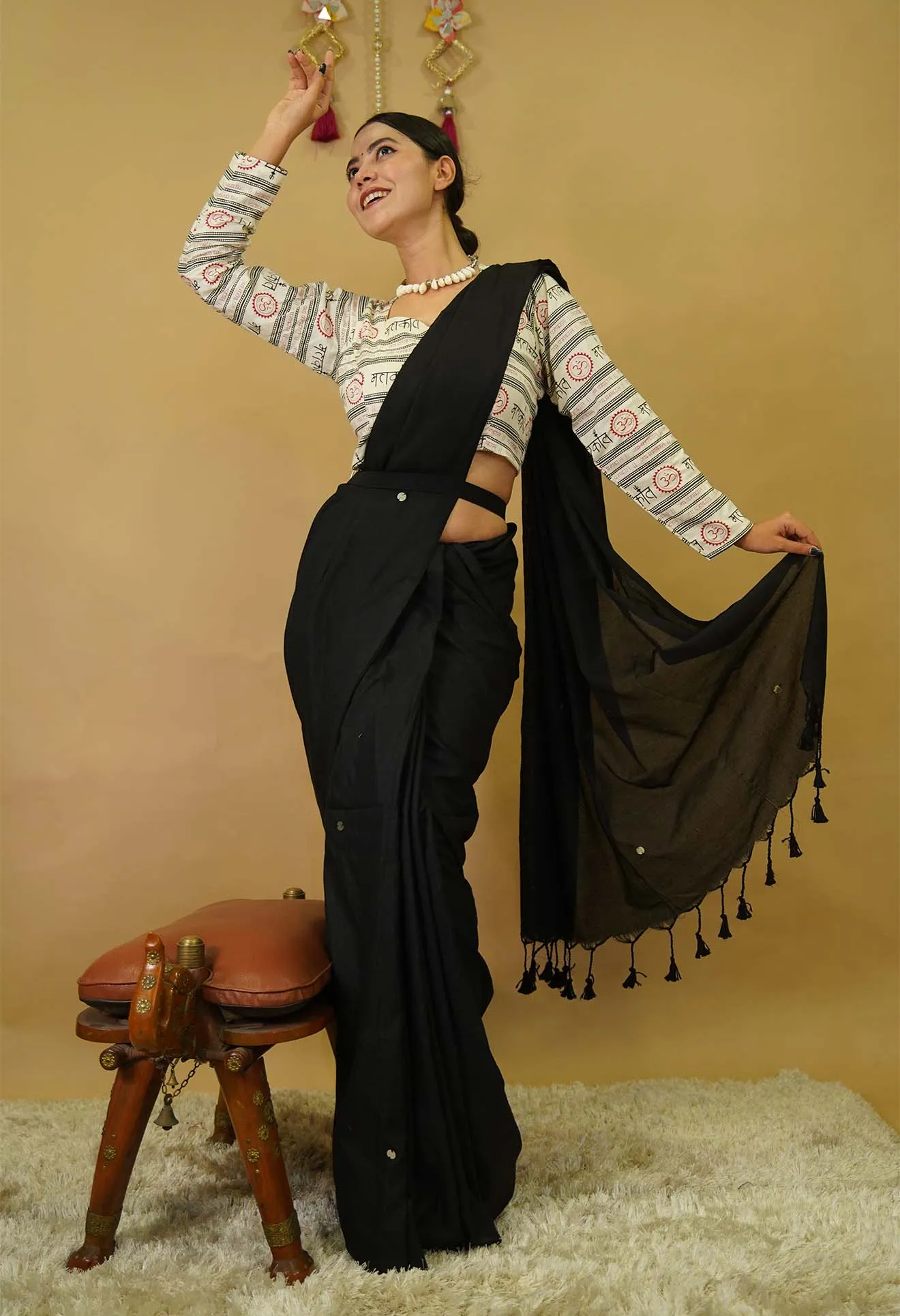 Beautiful Black Cotton With Tikki Embellished & Full Sleeve Mahakal Printed Blouse Pre stitched Saree & ready blouse