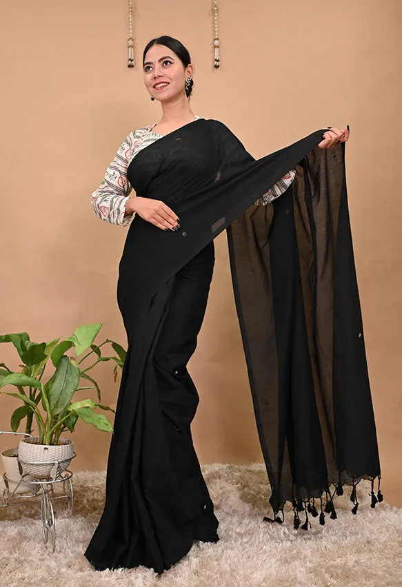 Beautiful Black Cotton With Tikki Embellished & Full Sleeve Mahakal Printed Blouse Pre stitched Saree & ready blouse