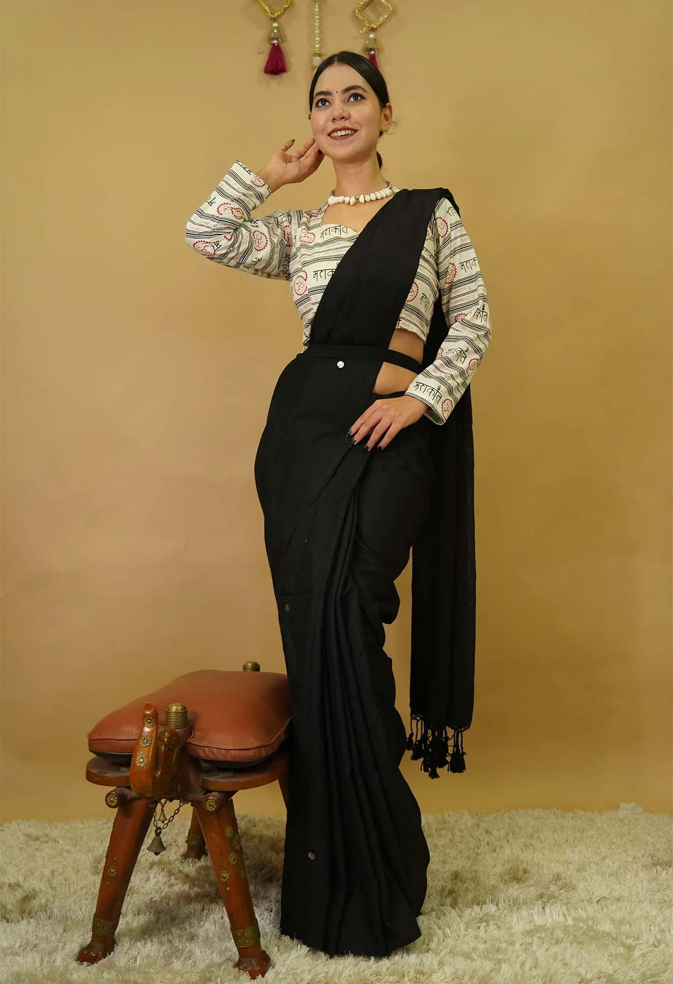 Beautiful Black Cotton With Tikki Embellished & Full Sleeve Mahakal Printed Blouse Pre stitched Saree & ready blouse