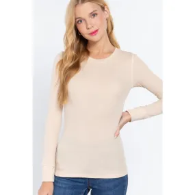 Beige Color Thermal Crew Neck Long Sleeve Knitted Women's Top