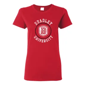 Bradley University Braves Distressed Circle Logo Basic Cotton Short Sleeve Women's T Shirt - Red