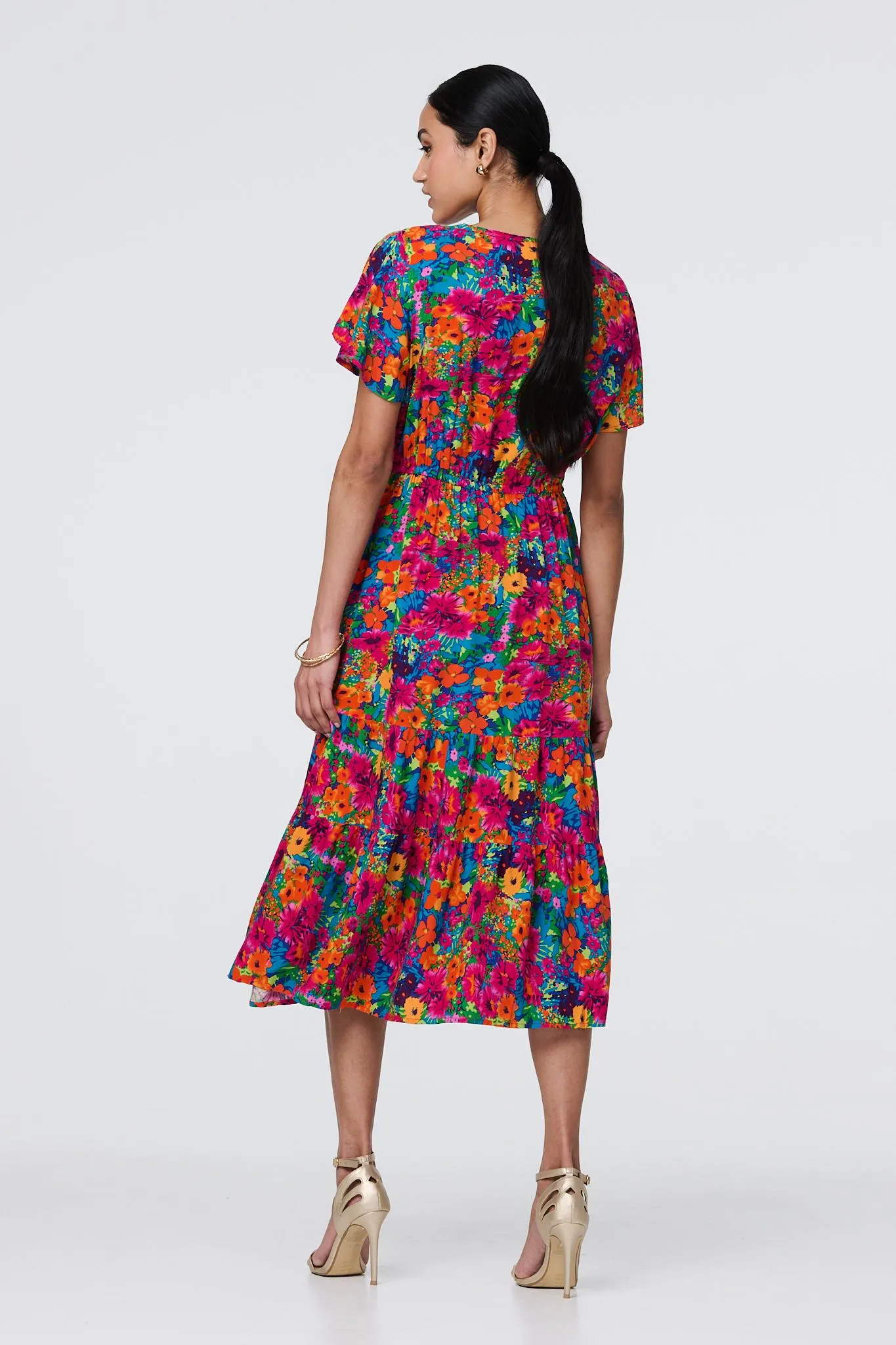 Floral Short Sleeve Tie Waist Dress