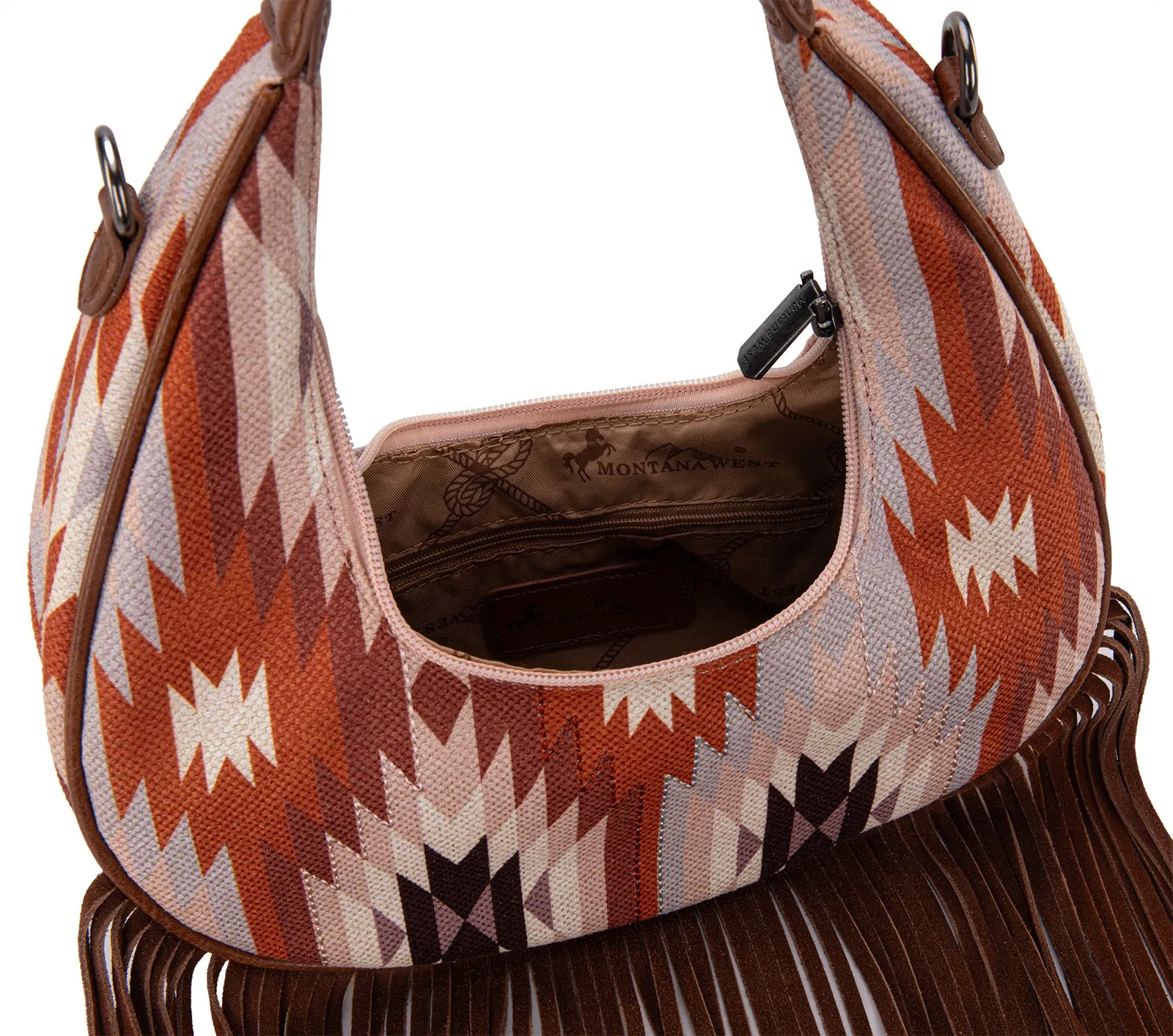 MW1285-8366  Montana West Aztec Fringe Crescent Crossbody Bag - Brown