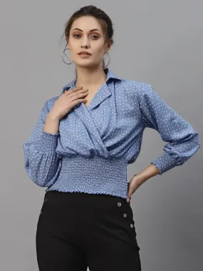 Style Quotient Blue And White Polka Dot Printed Polyester Smart Casual Top